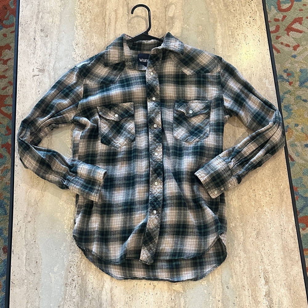 Wrangler Men's Green Plaid Button Down Shirt small EUC‎